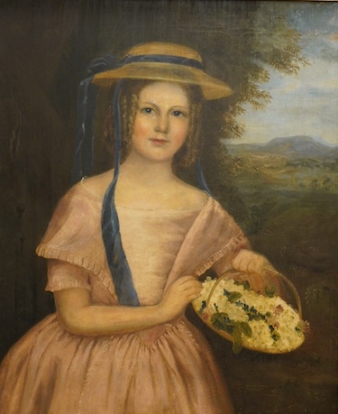 Early Victorian School, oil on canvas, Half length portrait of a young girl holding a basket of flowers before a landscape, unsigned, 74 x 62cm, gilt frame
